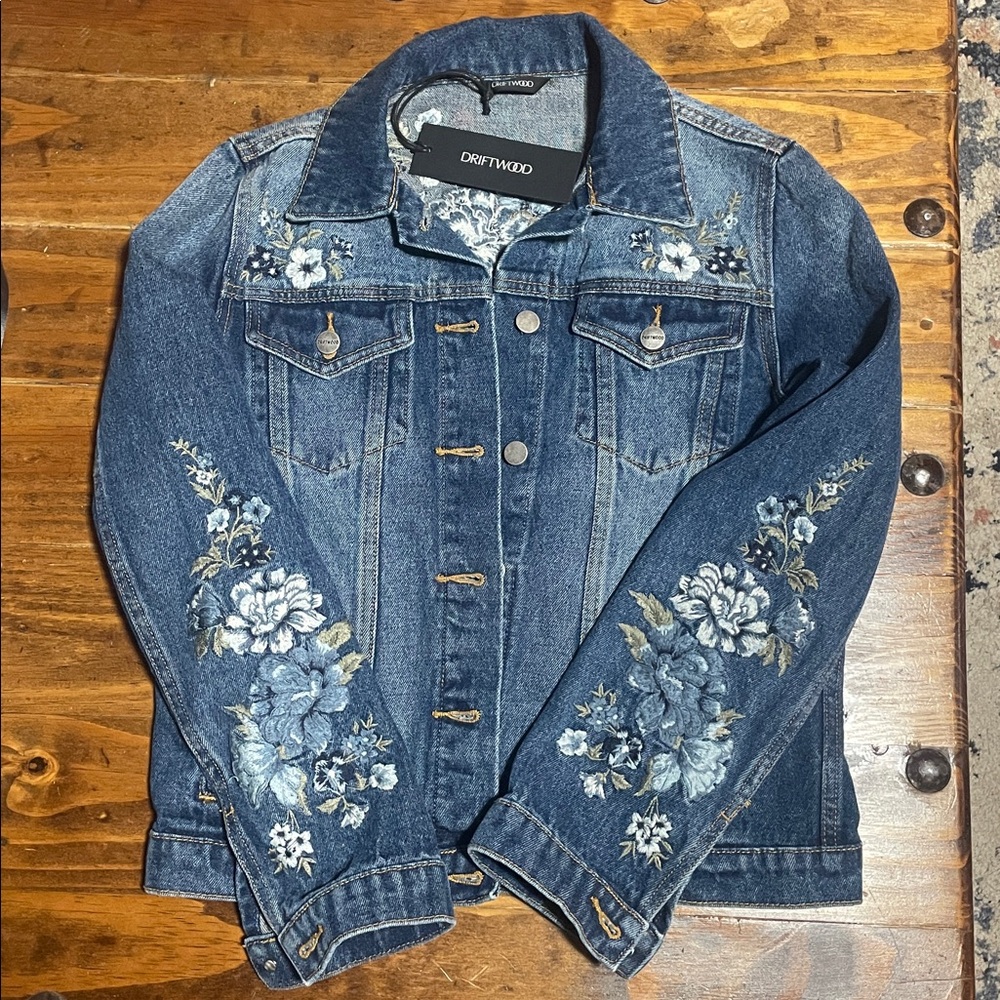 Driftwood X Bluebell Fleur Embroidered Floral Blue Denim Jacket - Size M